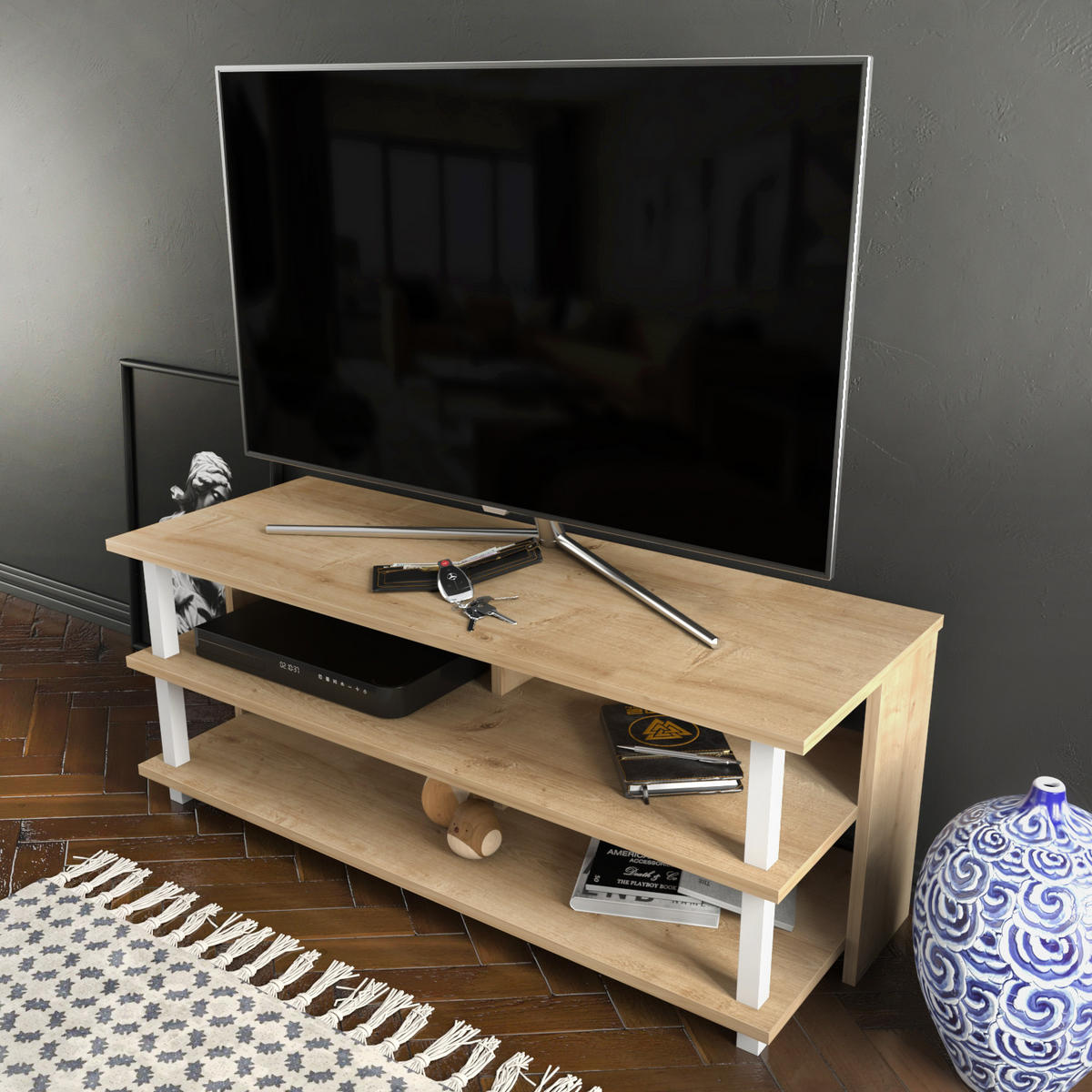 TV Board Pueblo Eiche Weiß - Eichefarben/Weiß, Holzwerkstoff (120/47/45cm) - Decorotika