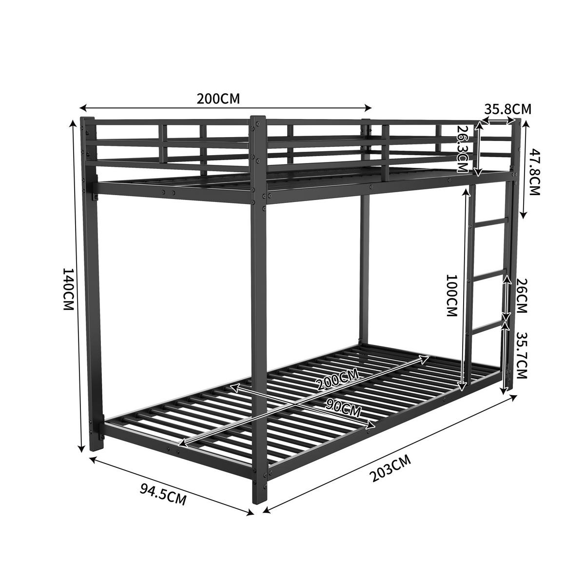 ETAGENBETT aus Metall 90x200 cm Schwarz mit Sicherheitsleisten, 2 Lattenrosten und platzsparender Bauweise - Schwarz, Metall (90/200cm) - Modfu