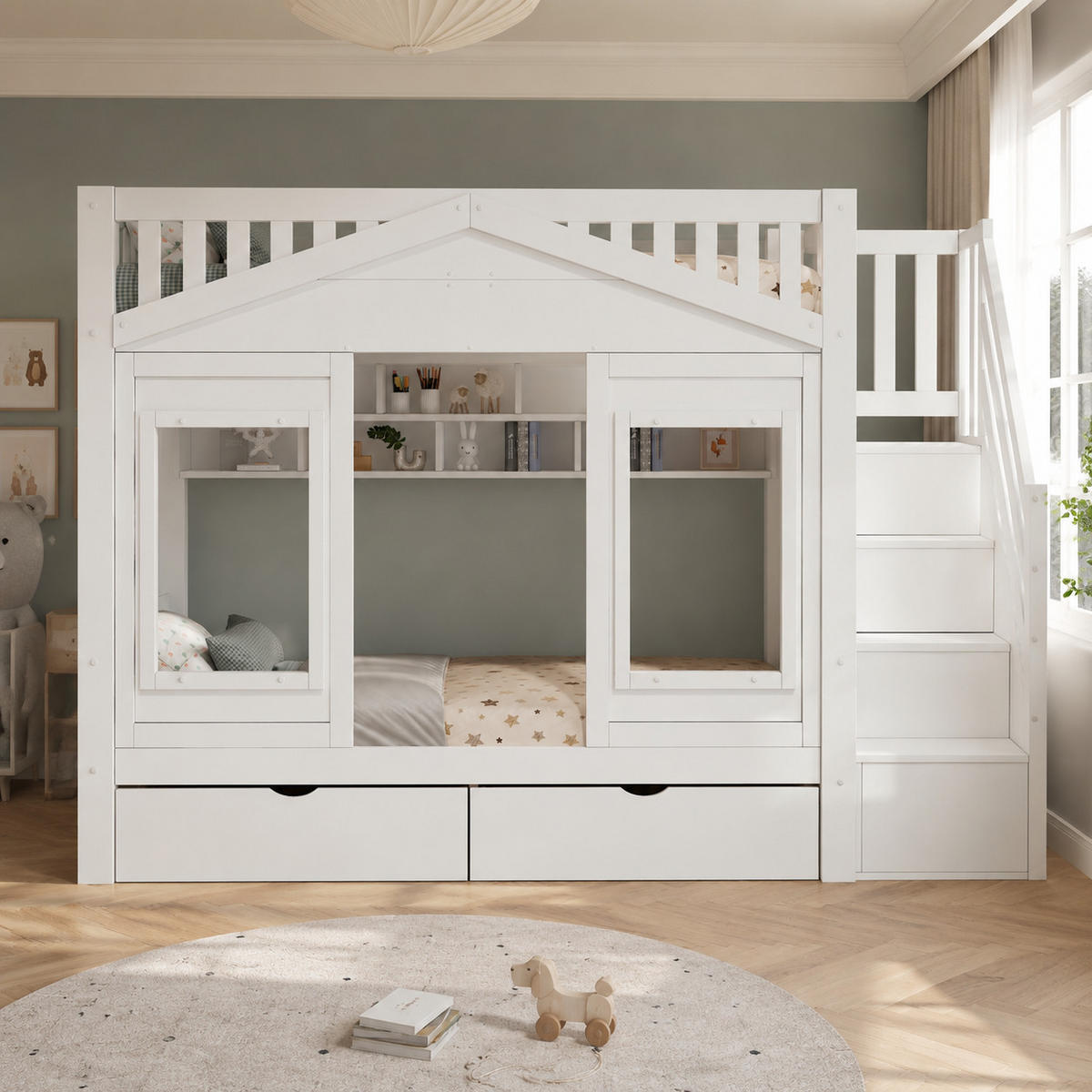 HOCHBETT 90/200 cm in Weiß mit Stauraumtreppe, Schublade und offenen Fächern aus Kiefernholz und MDF - Weiß, Holzwerkstoff (90/200cm) - STILVORA