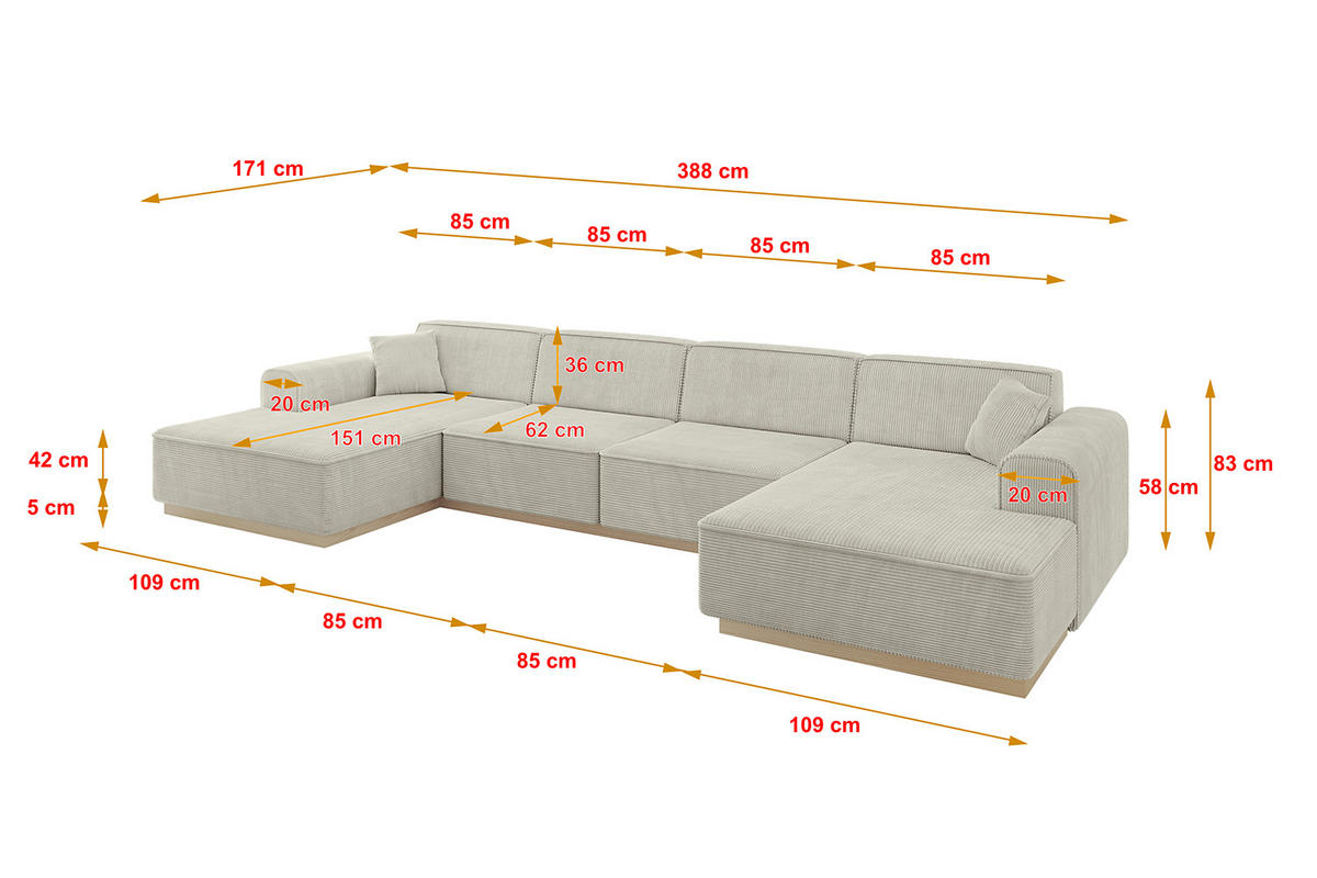 WOHNLANDSCHAFT IREA-U2 - 388x171x83 cm Hellgrau - Ecru/Greige, Holzwerkstoff/Textil (388/83/171cm) - ALTDECOR
