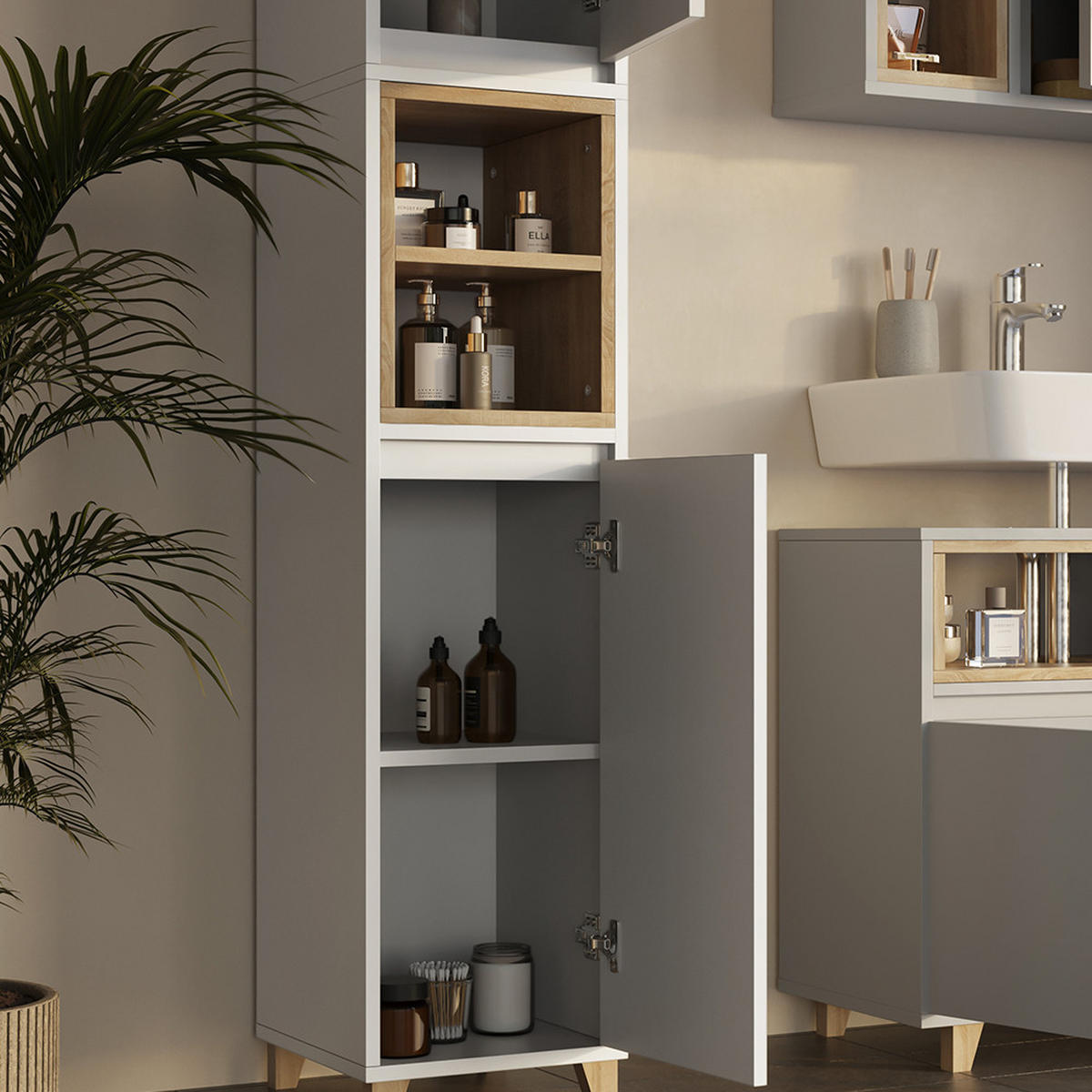 HOCHSCHRANK Elnor Greige/Eiche 30 x 170 cm mit 2 Türen - Greige/Eichefarben, Holzwerkstoff (30/170/30cm) - Vicco