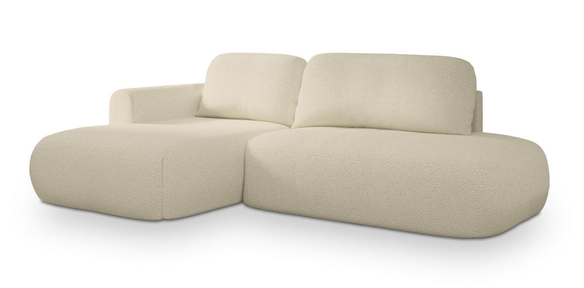 ECKSOFA NUVIRA L-S Creme Boucle-Stoff mit Schlaffunktion - Creme, Holz (274/165cm) - MASSENO