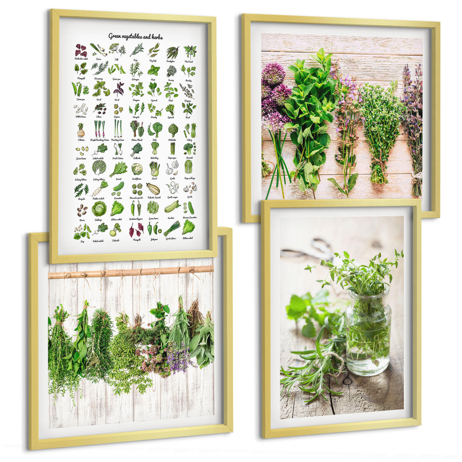 BILDER SET 4er Set - 50x50 cm & 40x60 cm Goldrahmen - Getrocknete Kräuter für die Küche - Goldfarben, Kunststoff (50/50cm) - TULUP
