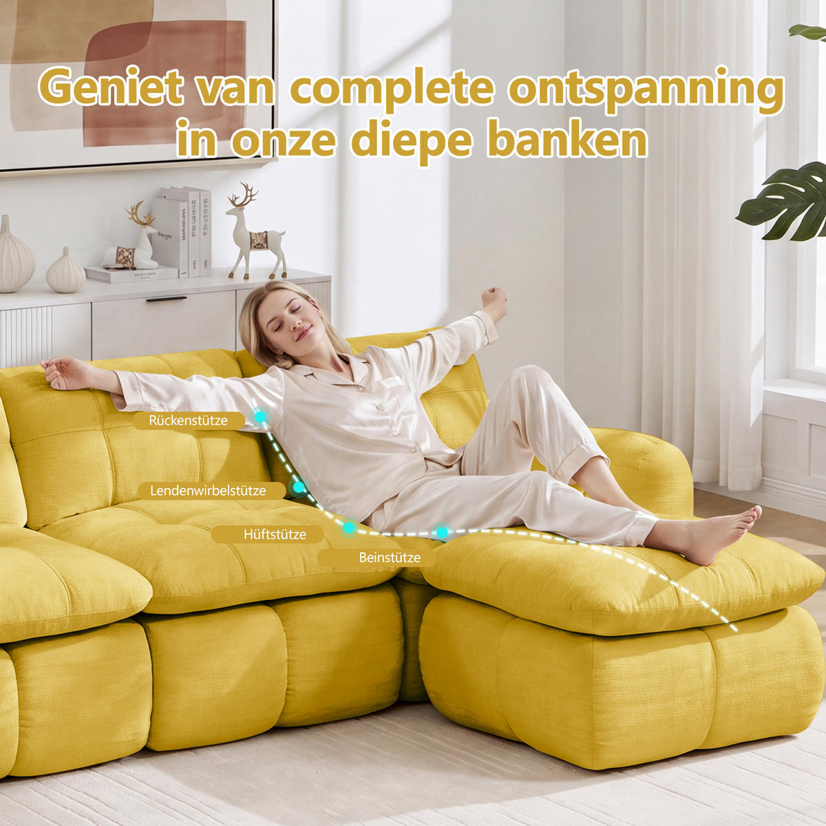 2-SITZER-SOFA DE-34464 mit 2 Ottomanen Gelb - Gelb, Textil (160/194cm) - ComfortXL