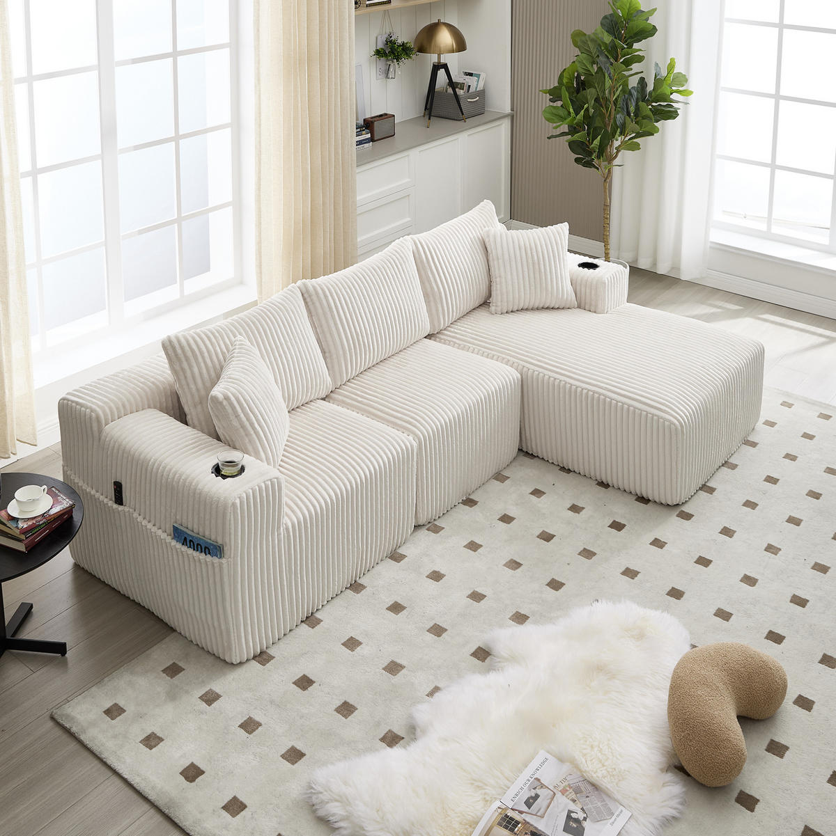 MODULARES Sofa Cord mit Chaiselongue und 2-Sitzer 257/90-160/62 cm Beige - Beige, Textil (160/257cm) - Redom
