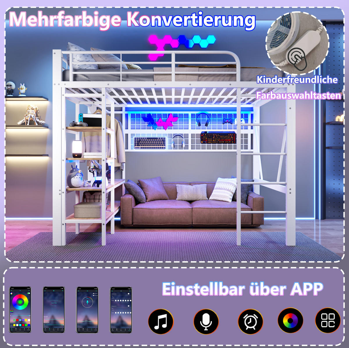 HOCHBETT 140/200 cm Weiß mit LED und Kleiderstange ohne Matratze - Weiß, Metall (140/200cm) - MIVRAY
