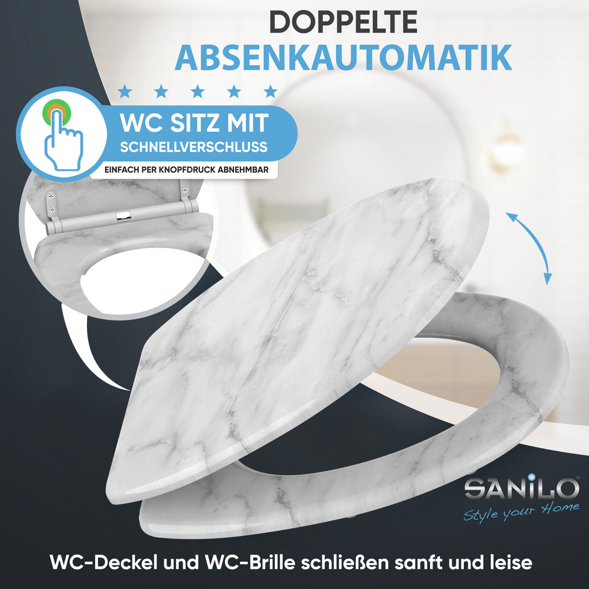WC-SITZ mit Absenkautomatik & Top Fix Marmor - Grau, Holzwerkstoff (37.7/5.5/48cm) - Sanilo