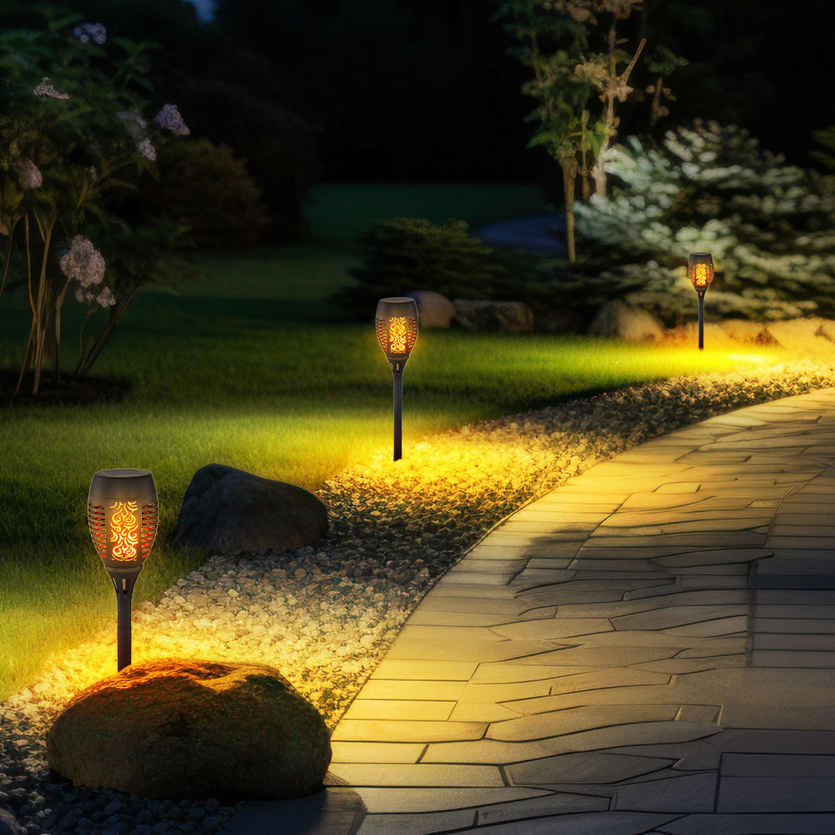 LED AUSSENLEUCHTE Solar Feuereffekt Schwarz 2er Set - Schwarz, Kunststoff (9.5/9.5/49.5cm) - Globo Lighting