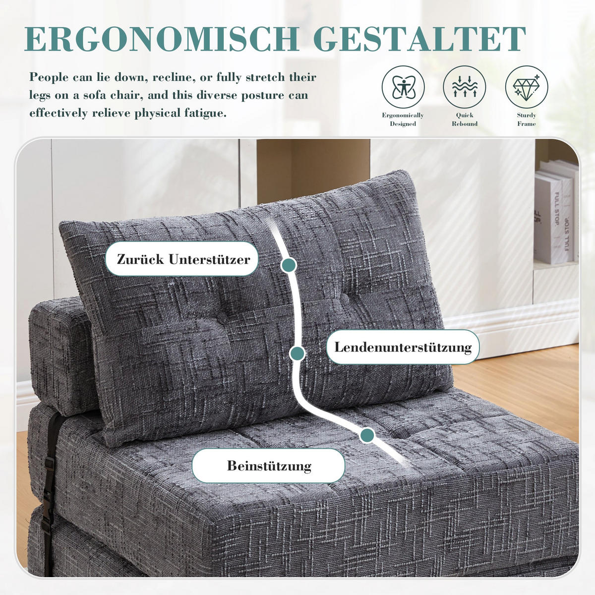 KLAPPBARER Chenille-Sessel mit Kissen, 79 x 79 x 57 cm, Grau - Grau, Textil (79/57/79cm) - Urban Meuble
