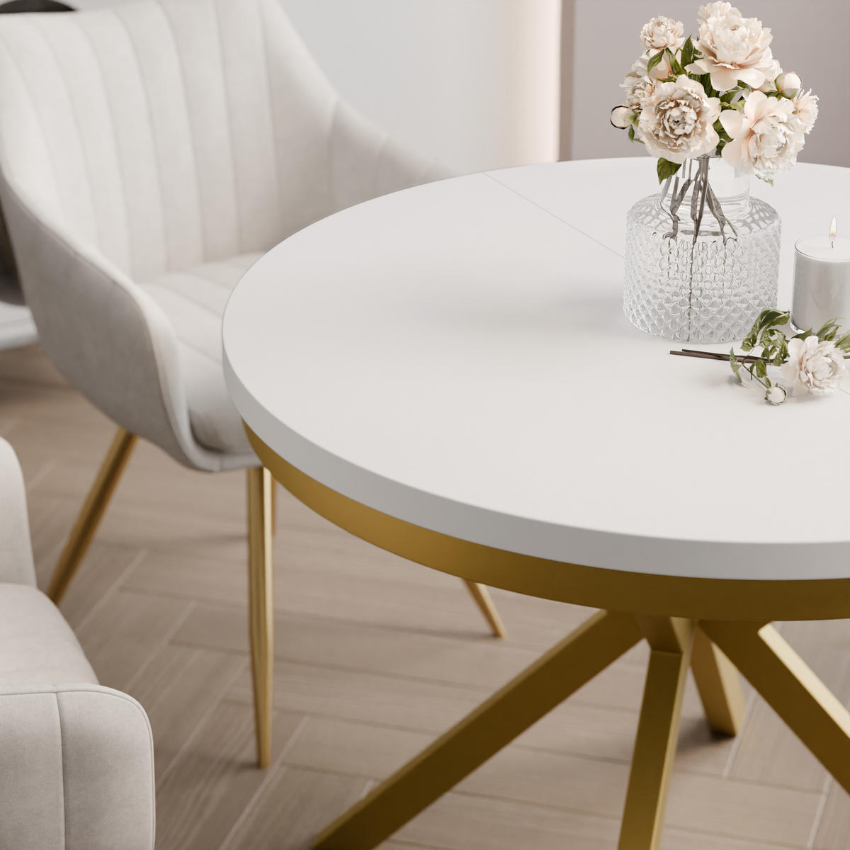 AUSZIEHTISCH MILTON 100-176/76 cm mit Metallgestell, Gold / Arktisweiß - Goldfarben/Weiß, Holzwerkstoff/Metall (100/100/76cm) - Idohome