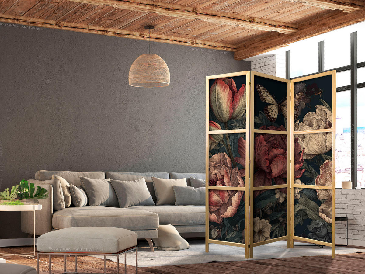 PARAVENT Japanischer 3-tlg 135x172 cm Pflanzen Blumen - Multicolor, Holz/Textil (135/172/3cm) - Muralo
