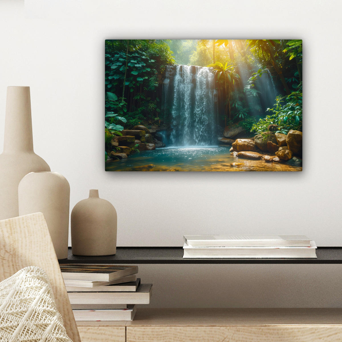 LEINWANDBILD Wasserfall - Dschungel - Sonne - Grün - Natur Deko Schlafzimmer 30x20 cm - Grün, Textil (30/20cm) - MuchoWow