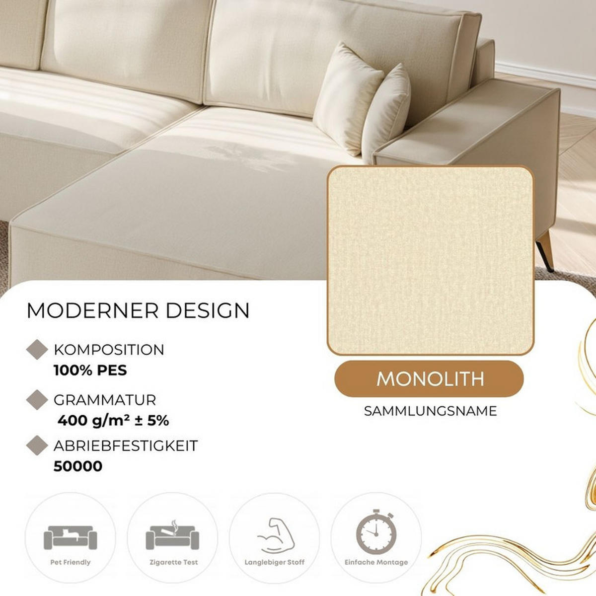 ECKSOFA OTIS Rechts, mit Schlaffunktion und Bettkasten, Creme - Creme, Textil/Metall (294/185cm) - Idohome