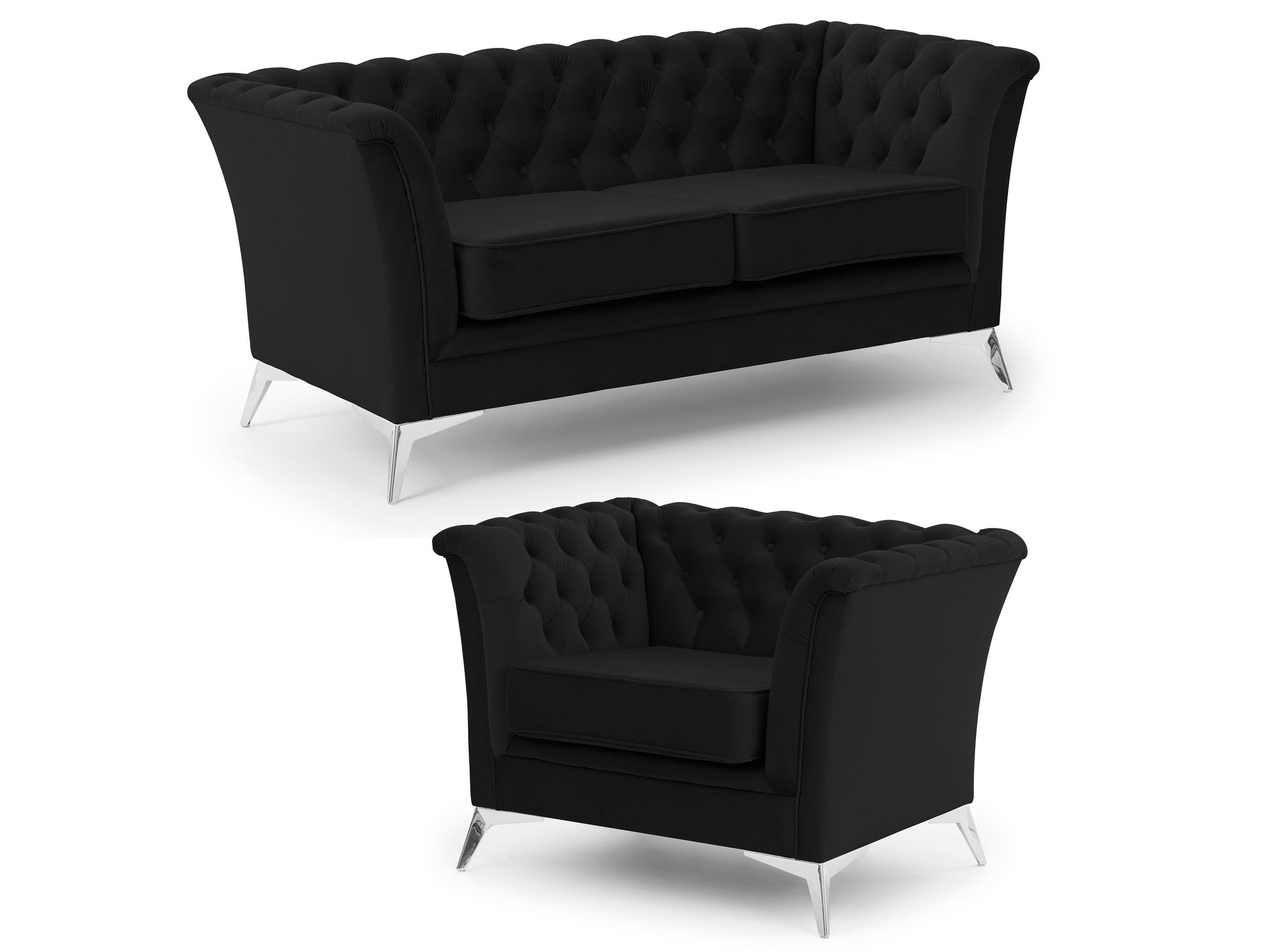 SITZGARNITUR 2+1 Chesterfield Whitby Schwarz Samt mit silbernen Füßen - Silberfarben/Schwarz, Holz/Textil (175/78/82cm) - S-Style Möbel
