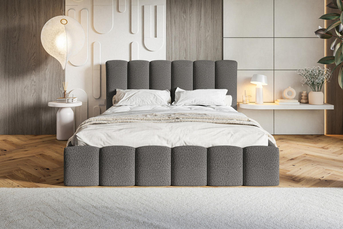 POLSTERBETT 140x200 Palermo mit Bettkasten, Lattenrost, Boucle, Dunkelgrau - Dunkelgrau, Holz/Textil (140/200cm) - Emporius
