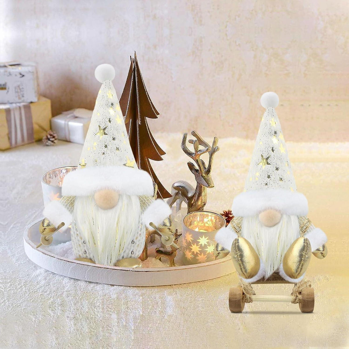 WEIHNACHTSWICHTEL Figuren 3er Set Weiß/Gold - Weiß, Textil (10.2/6.9/17.8cm)