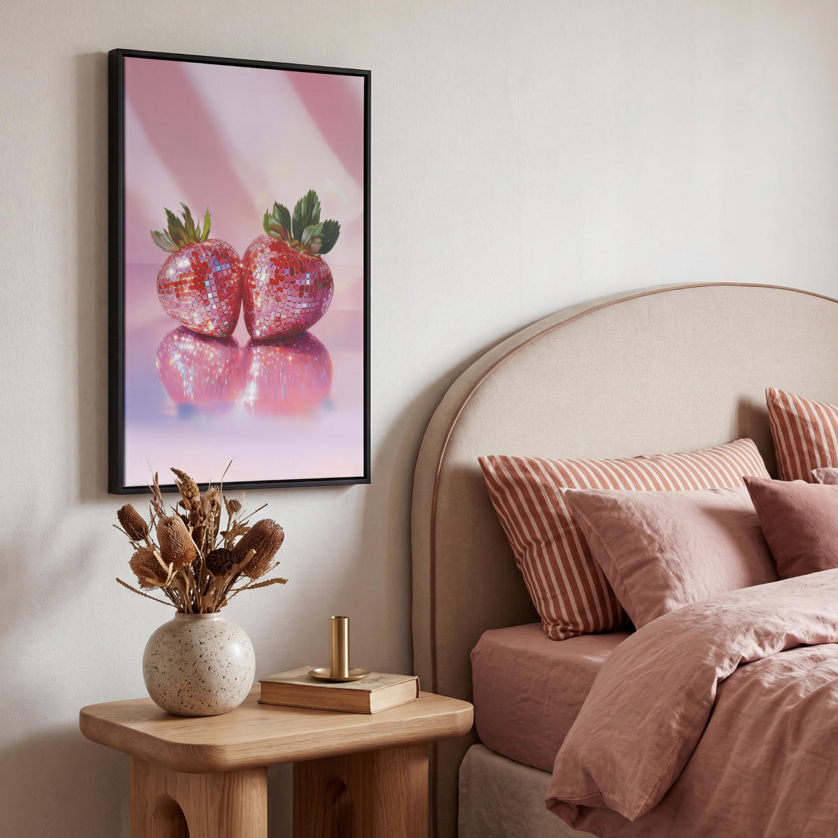 LEINWAND Bilder mit Rahmen - Disco - Obst - Glitzer - Erdbeere - 40x60 - Pink, Textil (40/60cm) - MuchoWow
