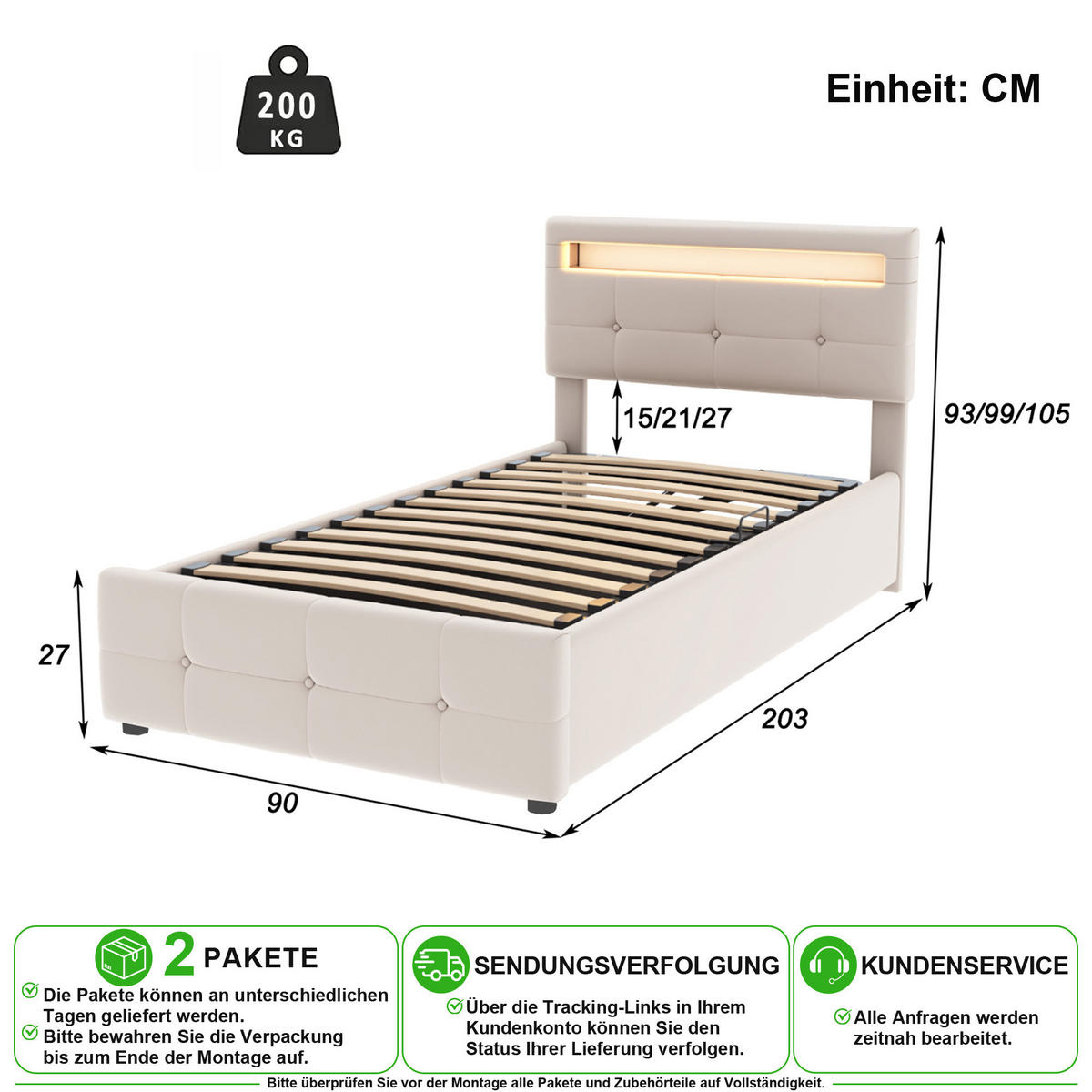 POLSTERBETT 90/200 cm in Beige mit Bettkasten, LED und Verstellbarem Kopfteil Samt - Beige, Holzwerkstoff/Textil (90/200cm) - CHICFURN