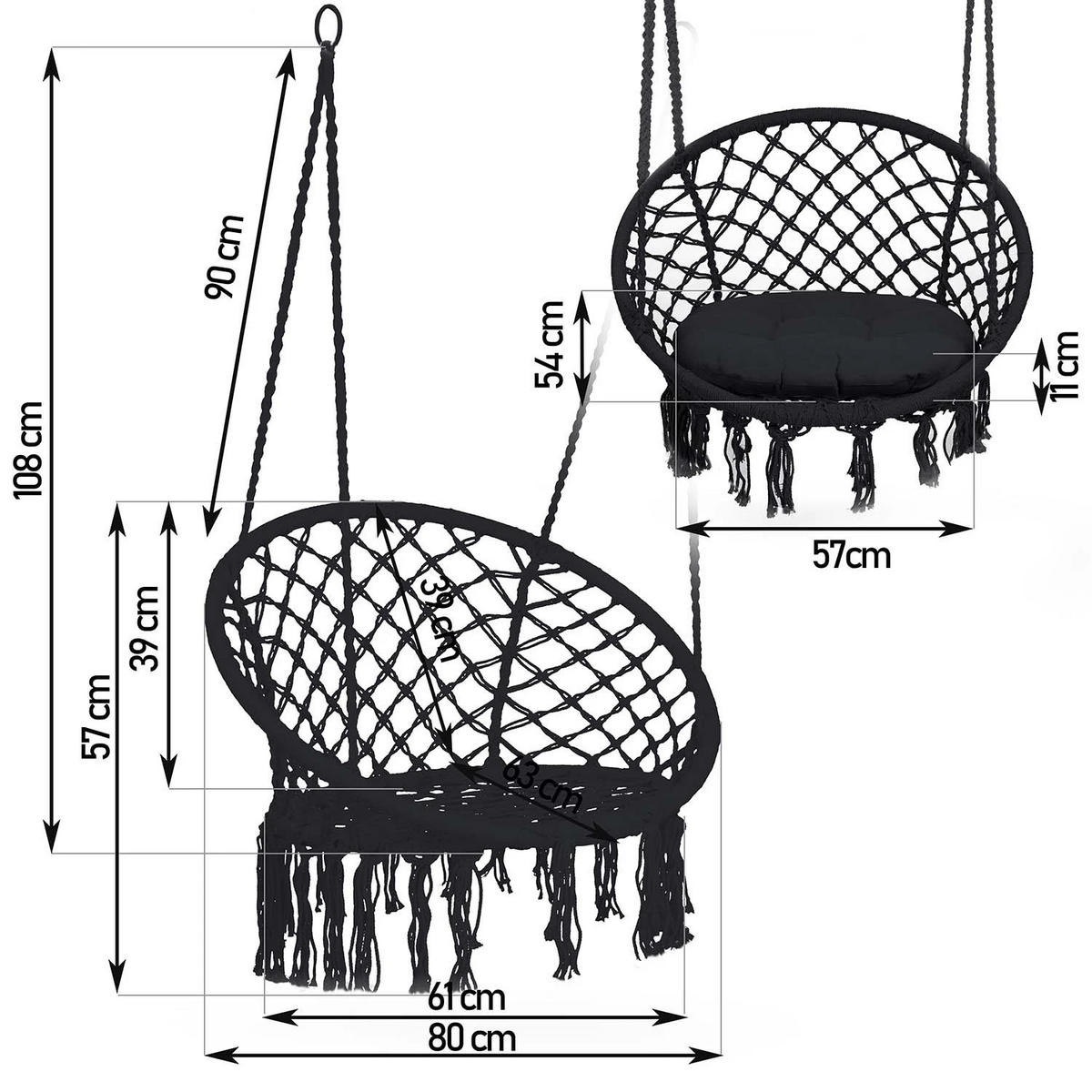 HÄNGESESSEL für den Garten BOHO Schaukel schwarz - Schwarz, Metall (80/39/63cm)