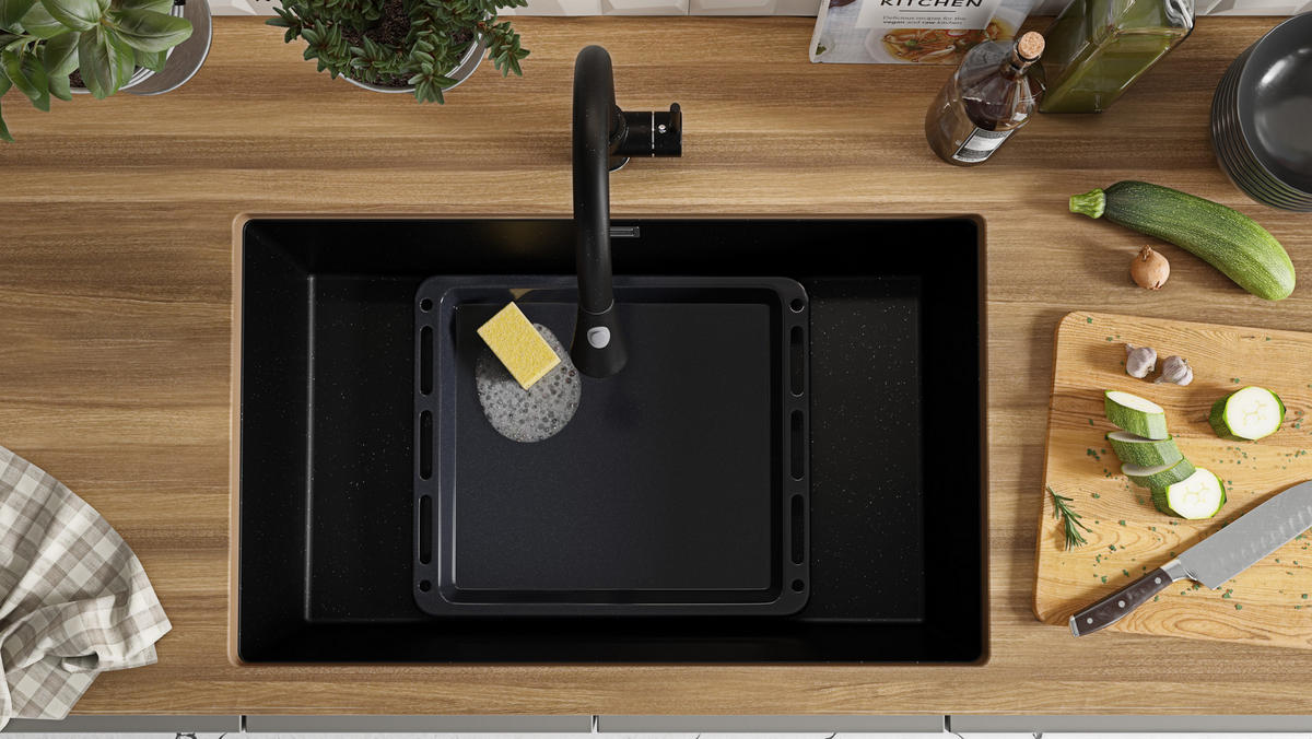 UNTERBAUSPÜLE GRANIT London, 2-er set Schwarz Metallic 76/47 cm 1 Becken + Ablauf-Set ab 80er Unterschrank - Chromfarben/Schwarz Hochglanz, Kunststoff (76/20/47cm) - Primagran