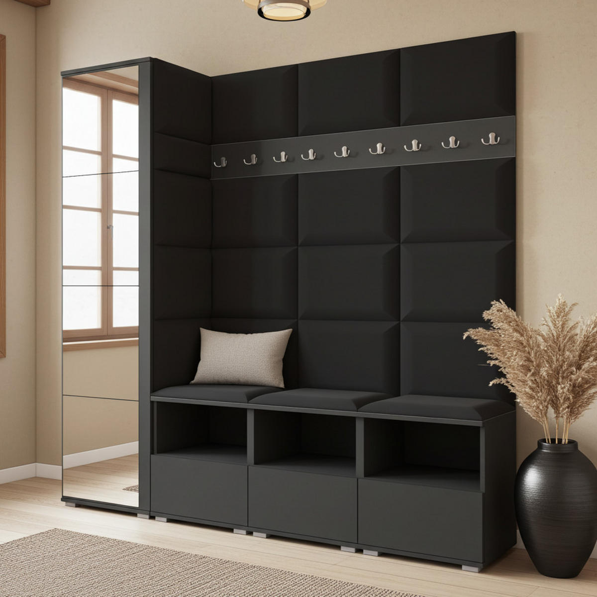 GARDEROBE NELA IX 200 cm (Modulare Flurmöbel Graphit mit Spiegel & Sitzpolster Schwarz 16 Breite Sitzbank) - Silberfarben/Schwarz, Holz/Holzwerkstoff (200/187/40cm) - Ravio