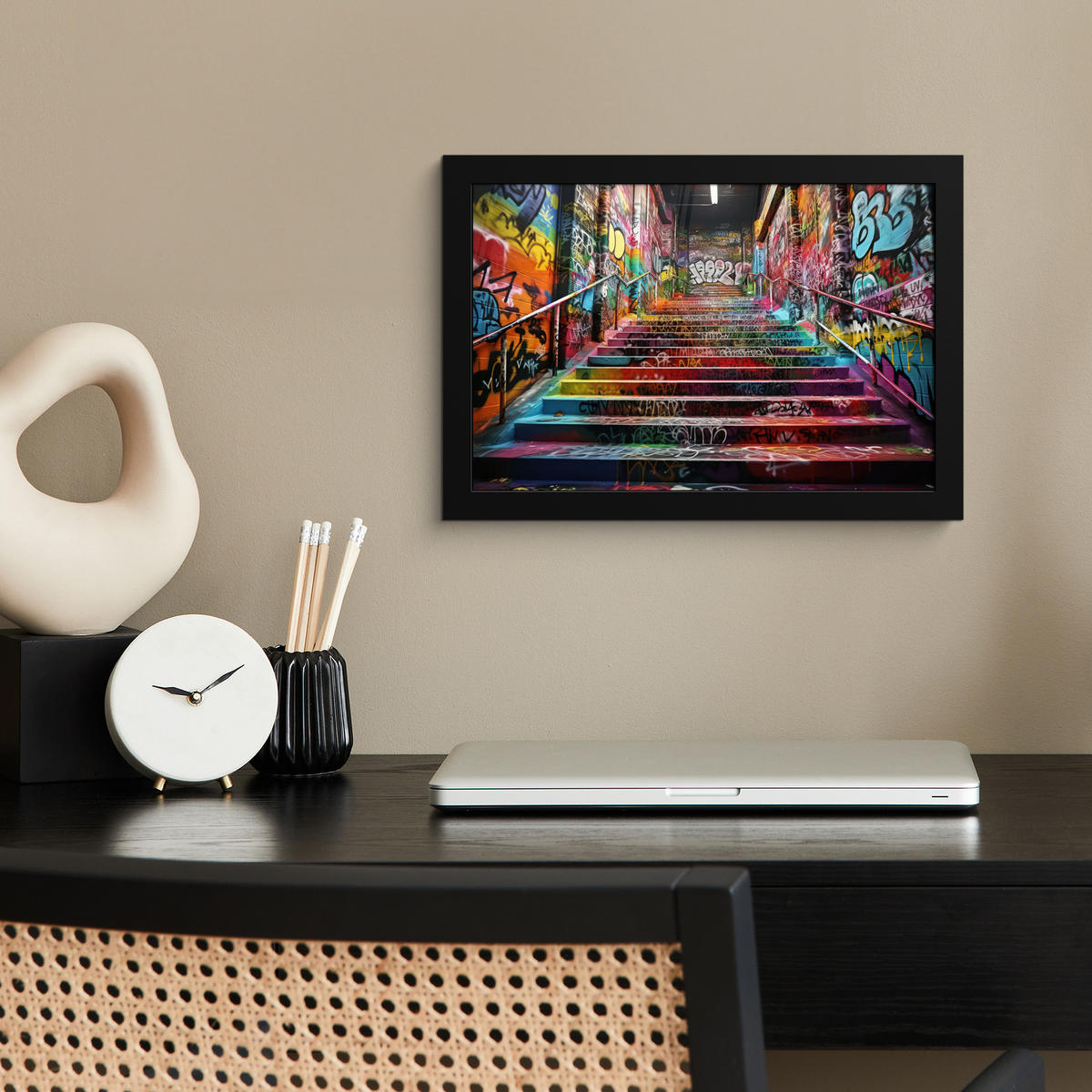 POSTER MIT RAHMEN Treppe - Graffiti - Farben - Kunst 30x20 cm - Multicolor, Papier (30/20cm) - MuchoWow