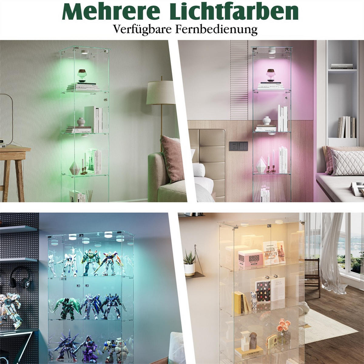 VITRINE - Glasvitrine mit 2 Türen und 4 Ebenen - integrierte LED-Spot-Beleuchtung - Schwarz - Schwarz, Glas (78.5/163/35cm) - DELFA