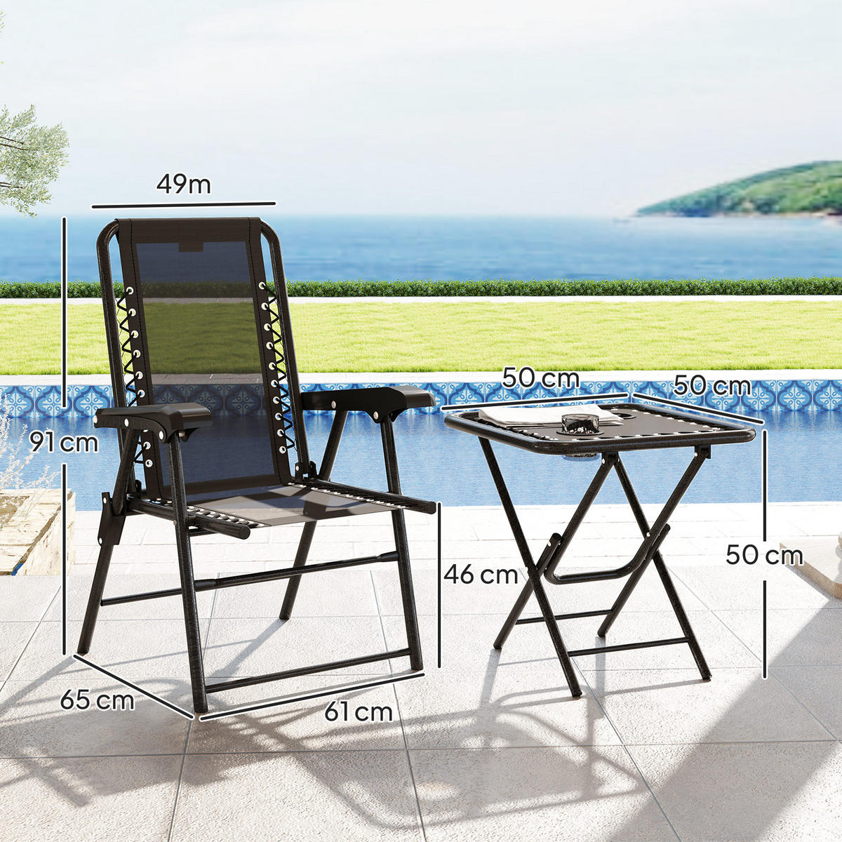 BISTRO Set 3-teilig aus Stahl Wetterfest Gartenmöbel Set mit Bistrotisch - Schwarz, Textil/Metall - Outsunny