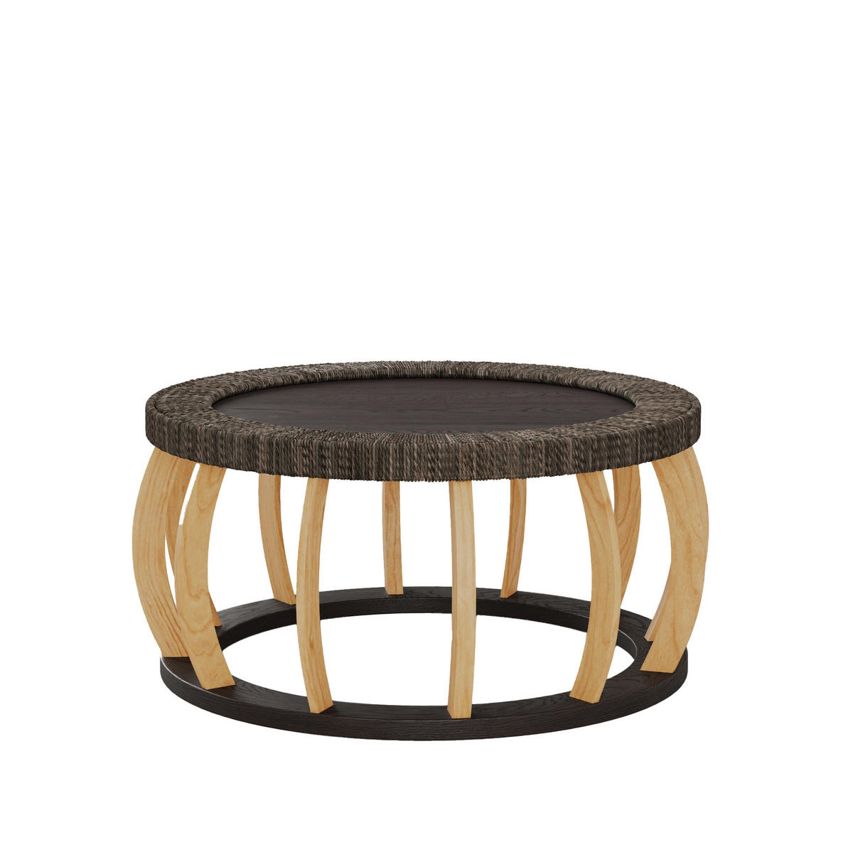 COUCHTISCH 90/90/43 cm aus Massivholz und MDF mit runder Tischplatte und Rattandetail, Schwarzbraun - Schwarz, Holzwerkstoff (90/90/43cm) - Modfu