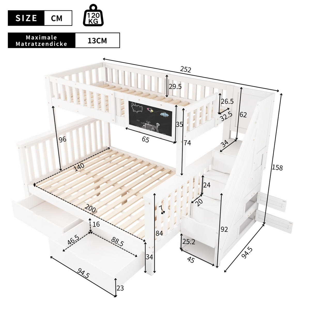 POSCHODOVÁ posteľ, 90/200 + 140/200 cm, masívne drevo/MDF biela, so schodmi a úložným priestorom - biela, drevo (90/200cm) - BEAOK
