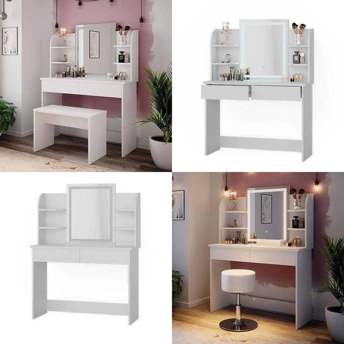 SCHMINKTISCH Charlotte Weiß 106 cm mit LED-Spiegel - Weiß, Holzwerkstoff (106/142/40cm) - Vicco