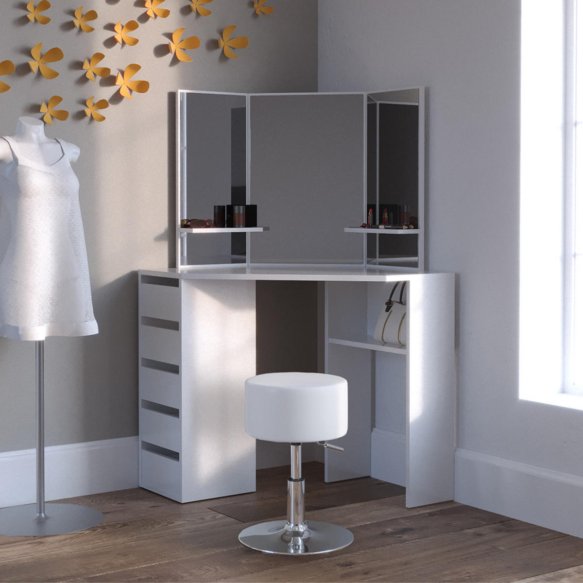 ECKSCHMINKTISCH Arielle Weiß 110 cm mit Hocker - Weiß, Holzwerkstoff (110/141.5/54cm) - Vicco