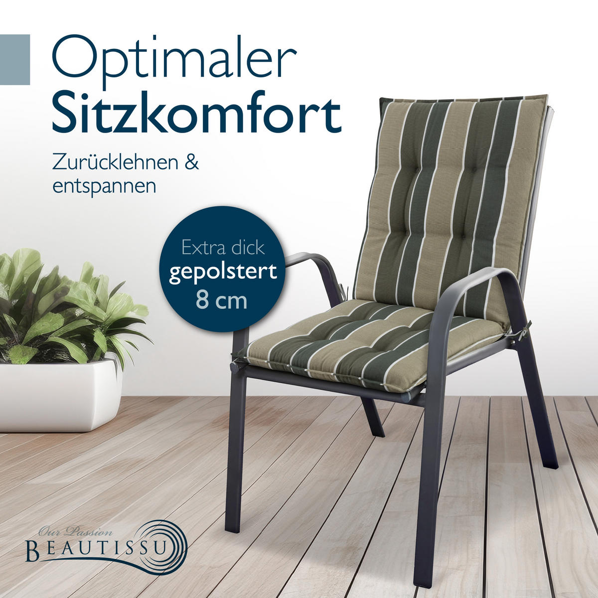 NIEDERLEHNERAUFLAGE Sun-NL 105/50/8cm Grün-Gestreift - Multicolor, Textil (50/8/105cm) - Beautissu 