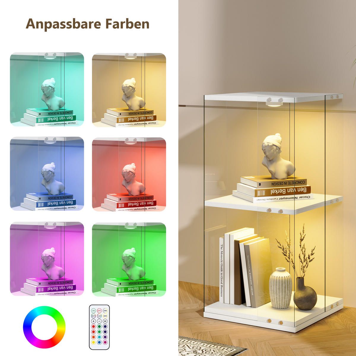 DREHVITRINE 360° Glasvitrine weiß mit RGB LED, 2 Etagen - Weiß, Glas (38/82/38cm) - SHOPENTRA