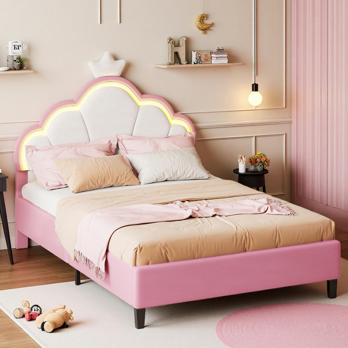 KINDERBETT 90x200 cm Krone LED Lattenrost rosa - Rosa, Holz (90/200cm) - LEBENLANG