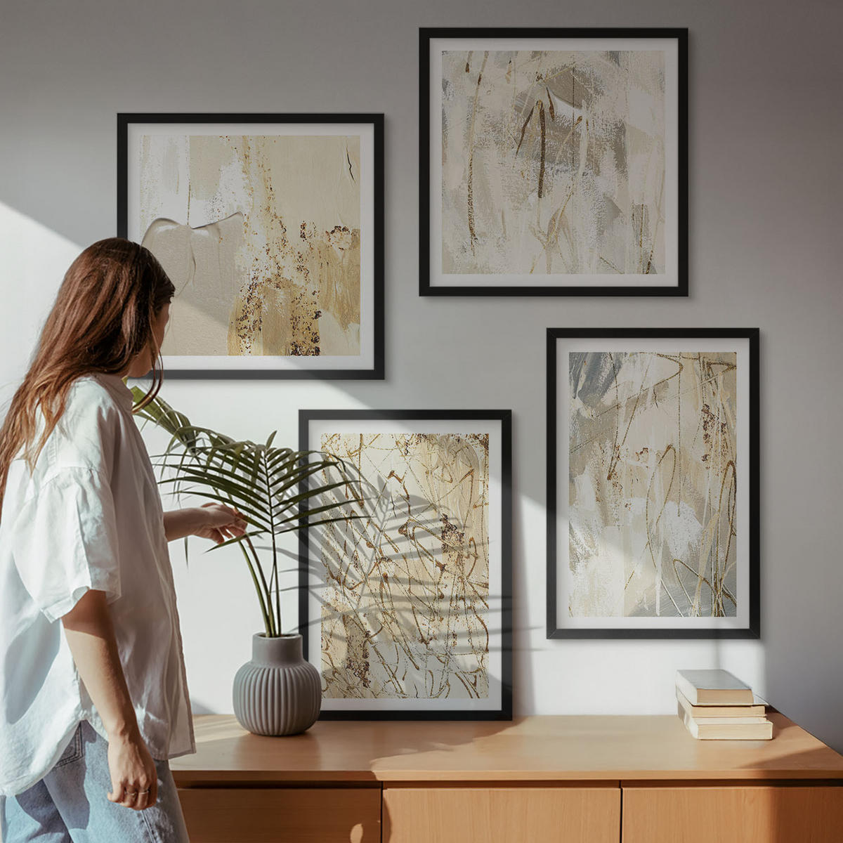 BILDER SET 4er Set - 50x50 cm & 40x60 cm Schwarzer Rahmen - Beige abstrakte Formen Linien - Schwarz, Kunststoff (50/50cm) - TULUP