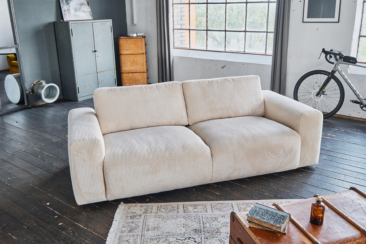 SOFA BODHI Cremeweiß Cord - Creme/Schwarz, Kunststoff/Textil (242/80/110cm) - KAWOLA
