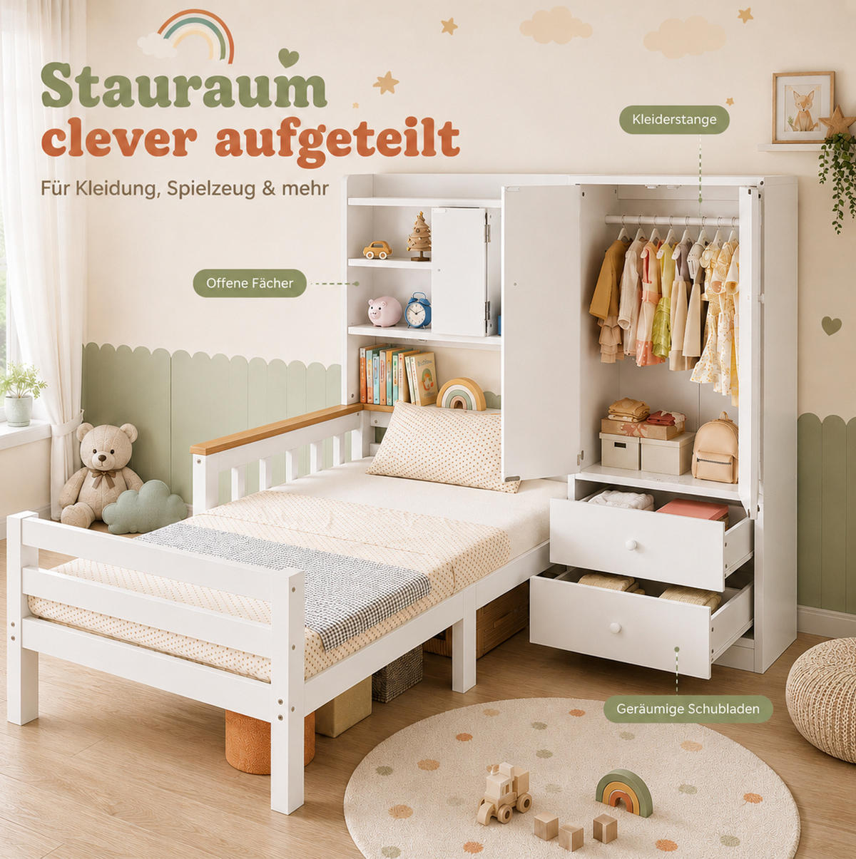 KINDERBETT aus Massivholz und MDF 90x200 cm Weiß mit Kleiderschrank, Schubladen und Regalfächern - Weiß, Holz (90/200cm) - Modfu