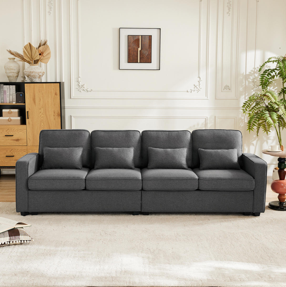 4-SITZER Sofa Leinenstoff mit Armlehnentaschen und 4 Kissen 264/83/87 cm Dunkelgrau - Dunkelgrau, Textil (87/264/83cm) - Redom