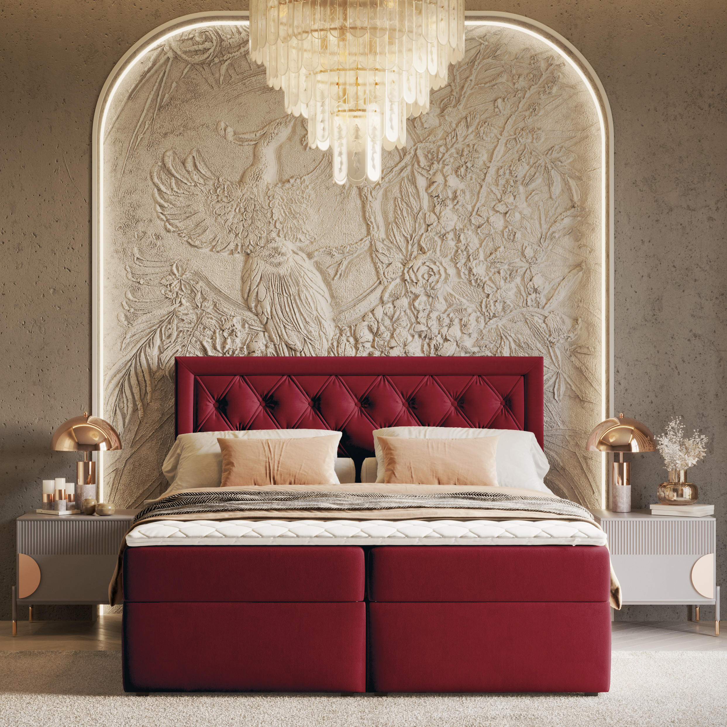 Thumbnail - Maison de Reve Boxbett, Dunkelrot, Textil, Buche, Kiefer, H2, Höhe ca. 20 cm, 120x200 cm, Oeko-Tex® Standard 100, FSC 10...