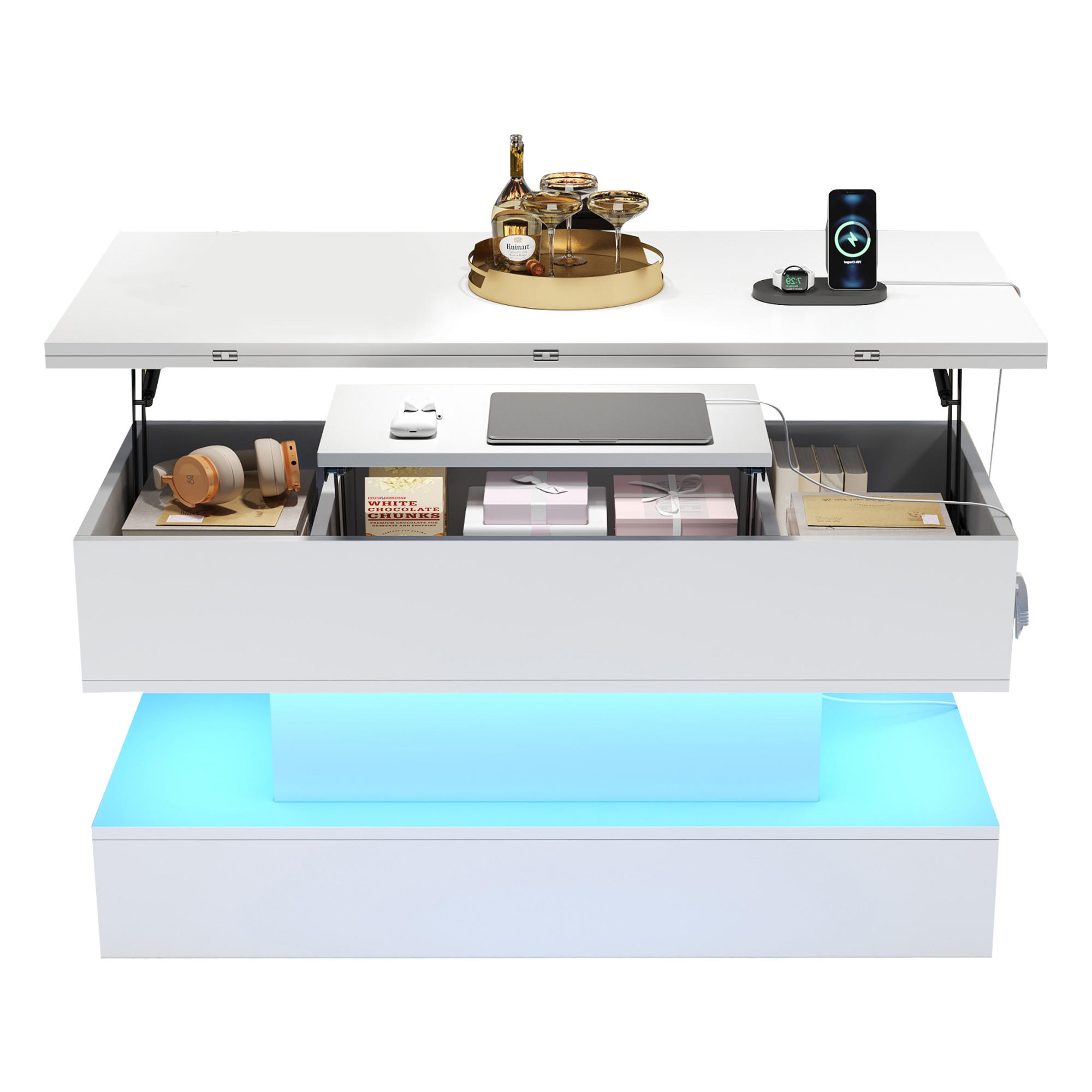 COUCHTISCH 100/50/51,5 cm mit Steckdose und USB-C in Weiß, höhenverstellbar mit Stauraum - Weiß, Holzwerkstoff (100/50/51.5cm) - OKWISH