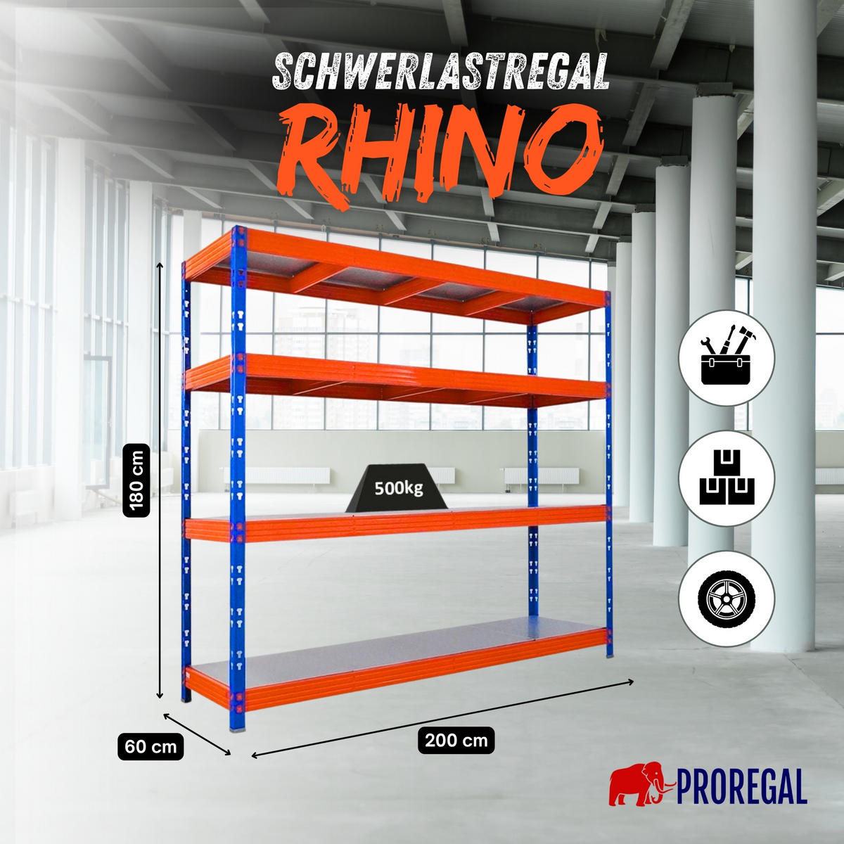 SCHWERLASTREGAL Rhino 180x200x60cm Fachlast 500kg 4X Stahlplatten-Ebenen Blau/Orange - Blau/Orange, Metall (200/180/60cm) - PROREGAL