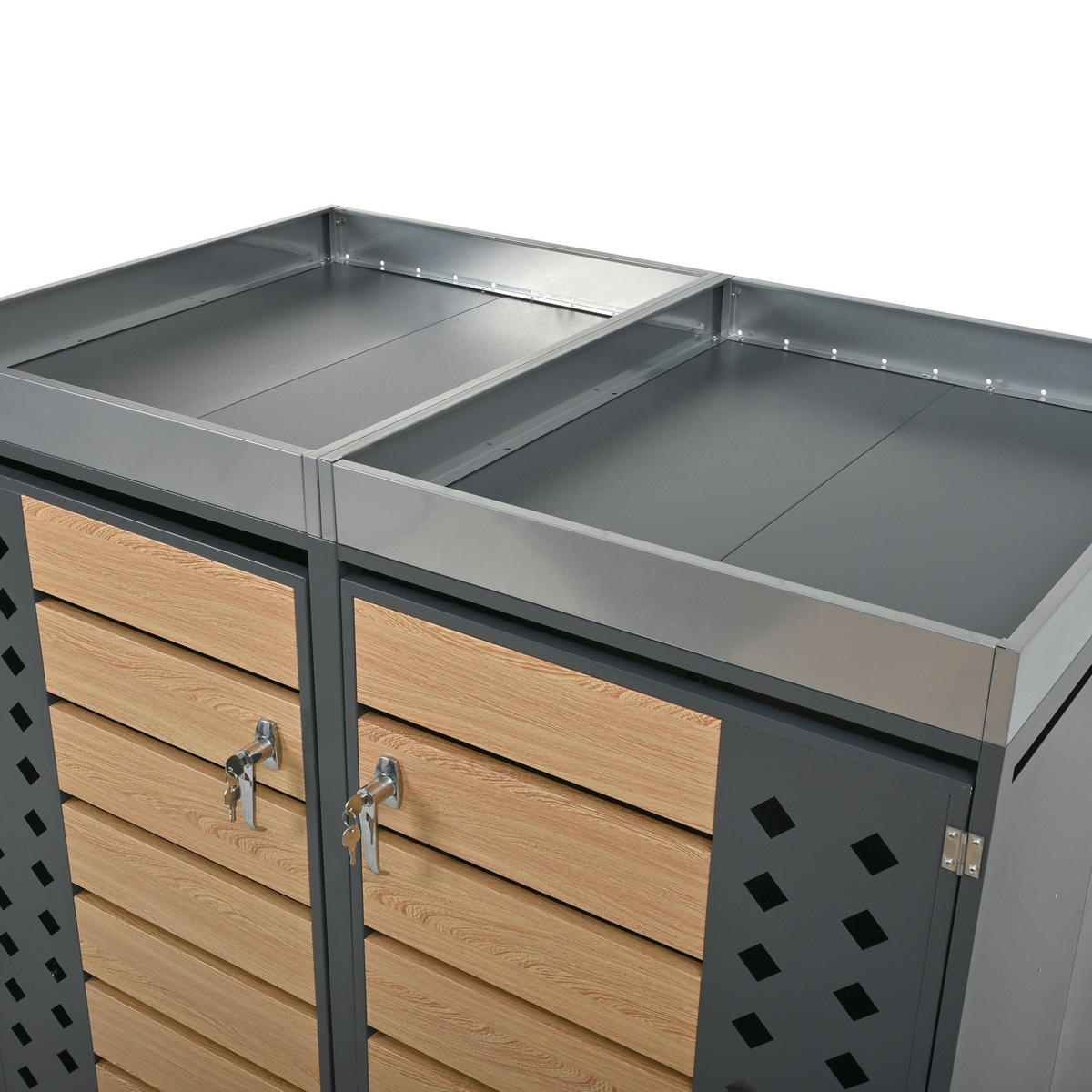 MÜLLTONNENBOX aus verzinktem Stahlblech in Grau/Holzoptik mit Pflanzgefäß 132x80x124,5 cm - Grau, Metall (132/124.5/80cm) - Modfu