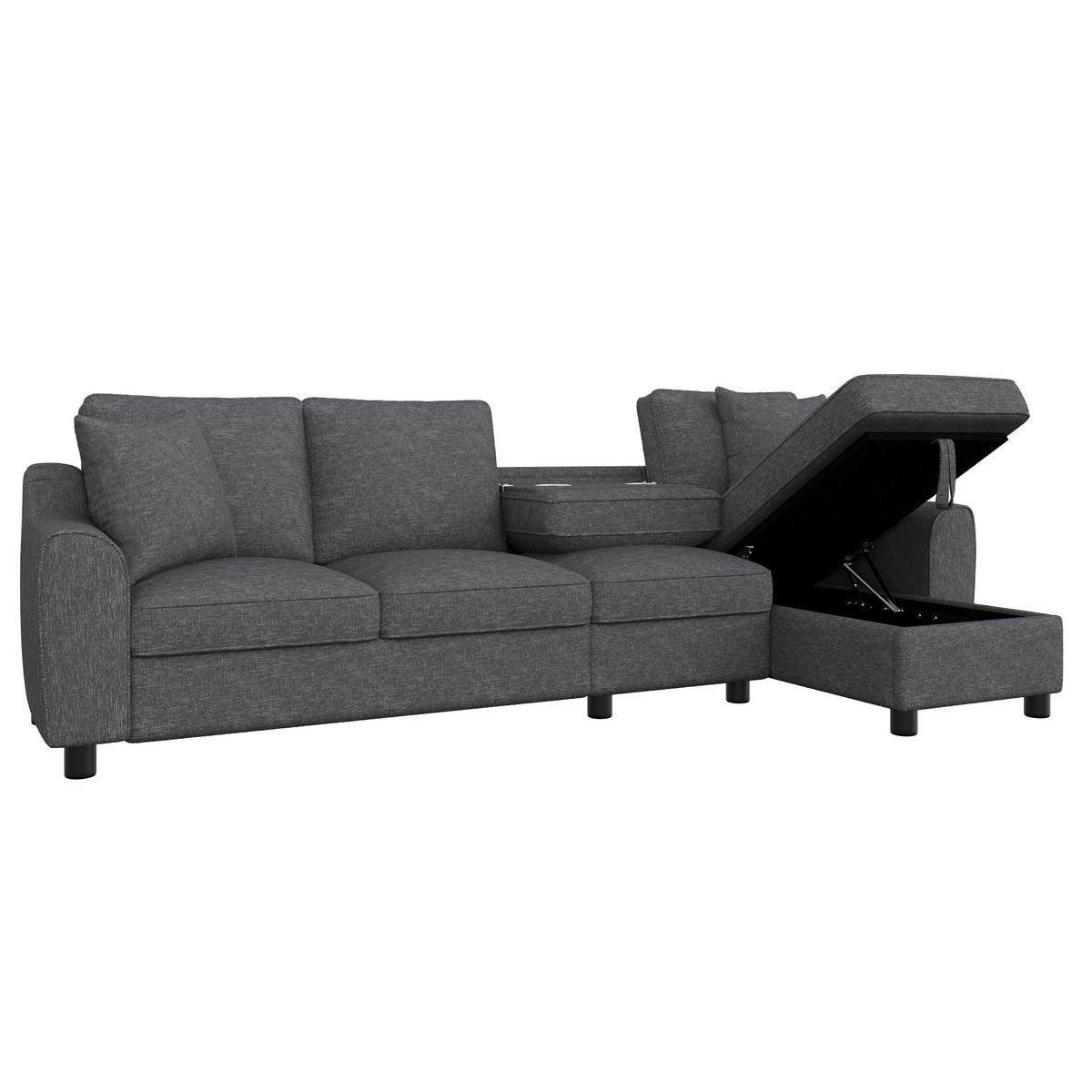 ECKSOFA L Form 3-Sitzer Chenille Stauraum Getränkehalter Grau 280cm - Grau, Textil (280/136cm) - FLIEKS