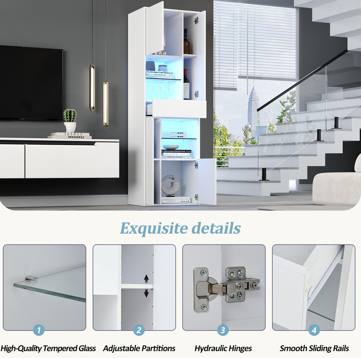 VITRINA 55/38/170 cm bijela od iverice s LED rasvjetom i visokim sjajem - bijela, drvni materijal (55/170/38cm) - OKWISH