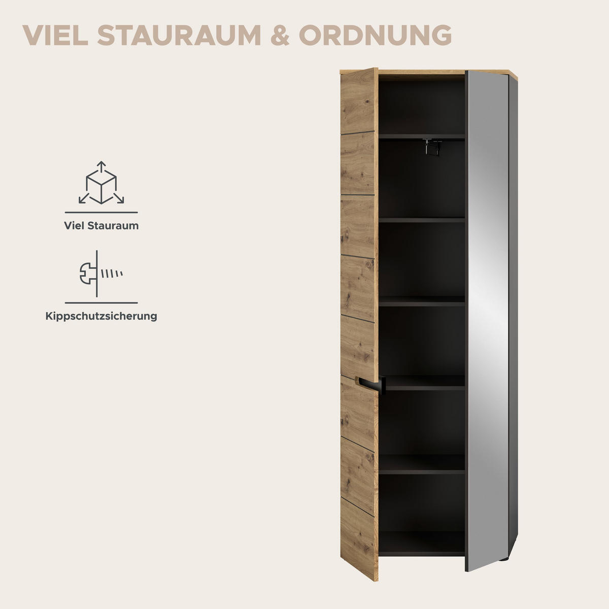GARDEROBENSCHRANK Canu Garderobe in Basalt grau Nb. und Artisan Nb. B/H/T: 65x190x37 cm - Grau, Holzwerkstoff (65/190/37cm)