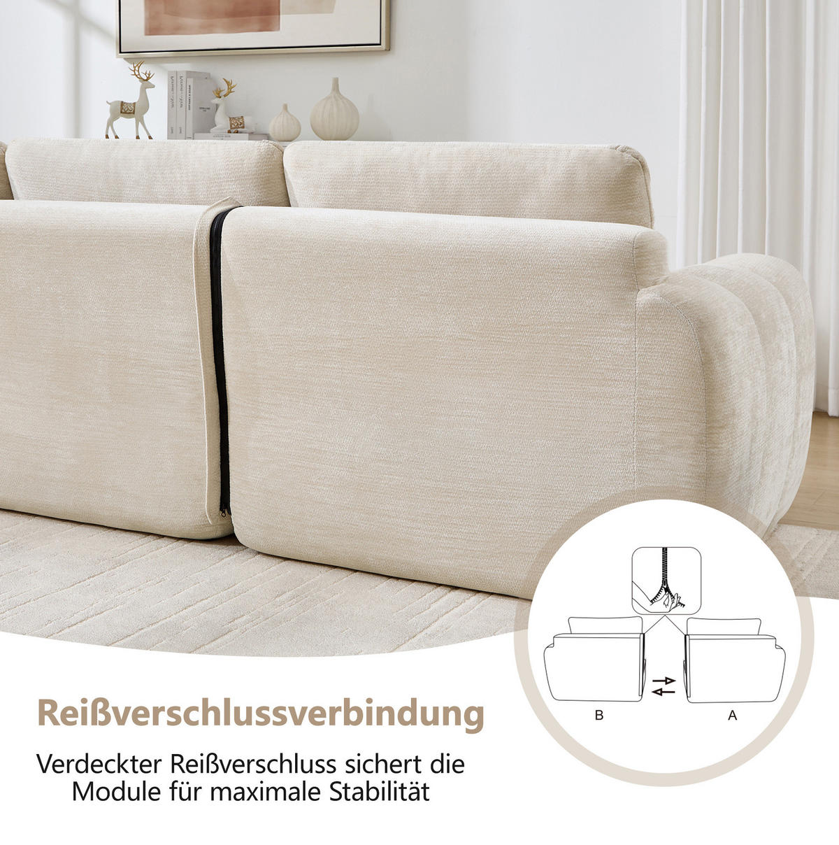 SOFA 264/160/68 cm in Beige aus Chenille mit Ottoman und flexiblem Design - Beige, Textil (160/68/264cm) - Flora Grace