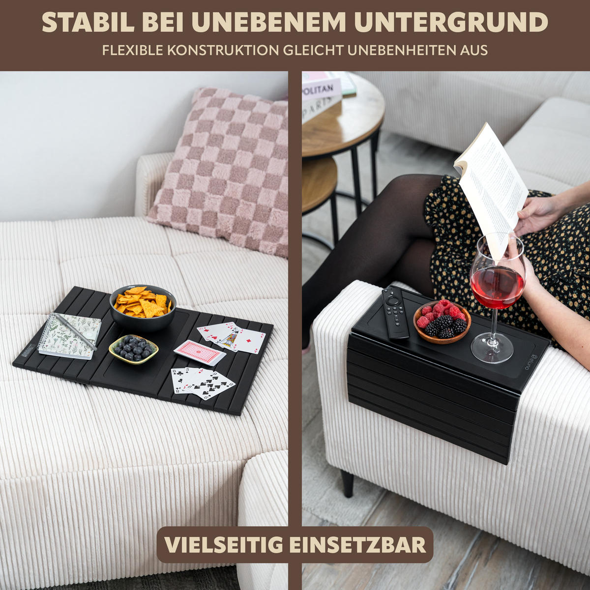 ARMLEHNEN-SOFATABLETT mit rutschfester Silikonablage, Bambus, schwarz - Schwarz, Naturmaterialien (47/1/34cm) - eluno