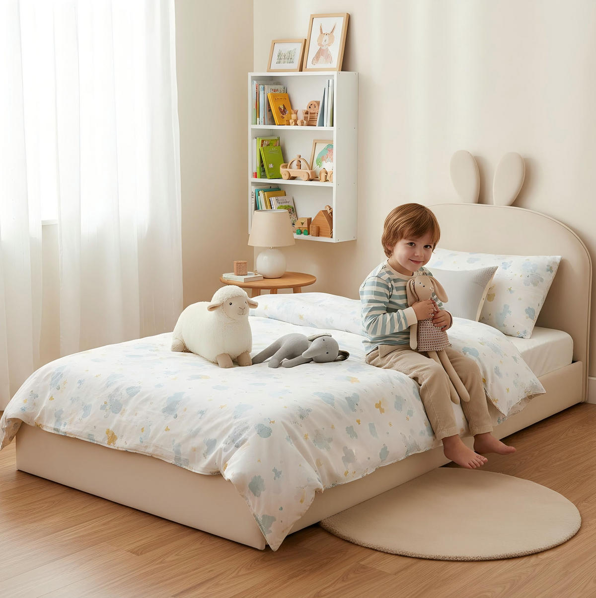 KINDERBETT 90/200 cm mit Kaninchen-Kopfteil und Holzlattenrost, Samt, Beige - Beige, Textil (90/200cm) - Redom