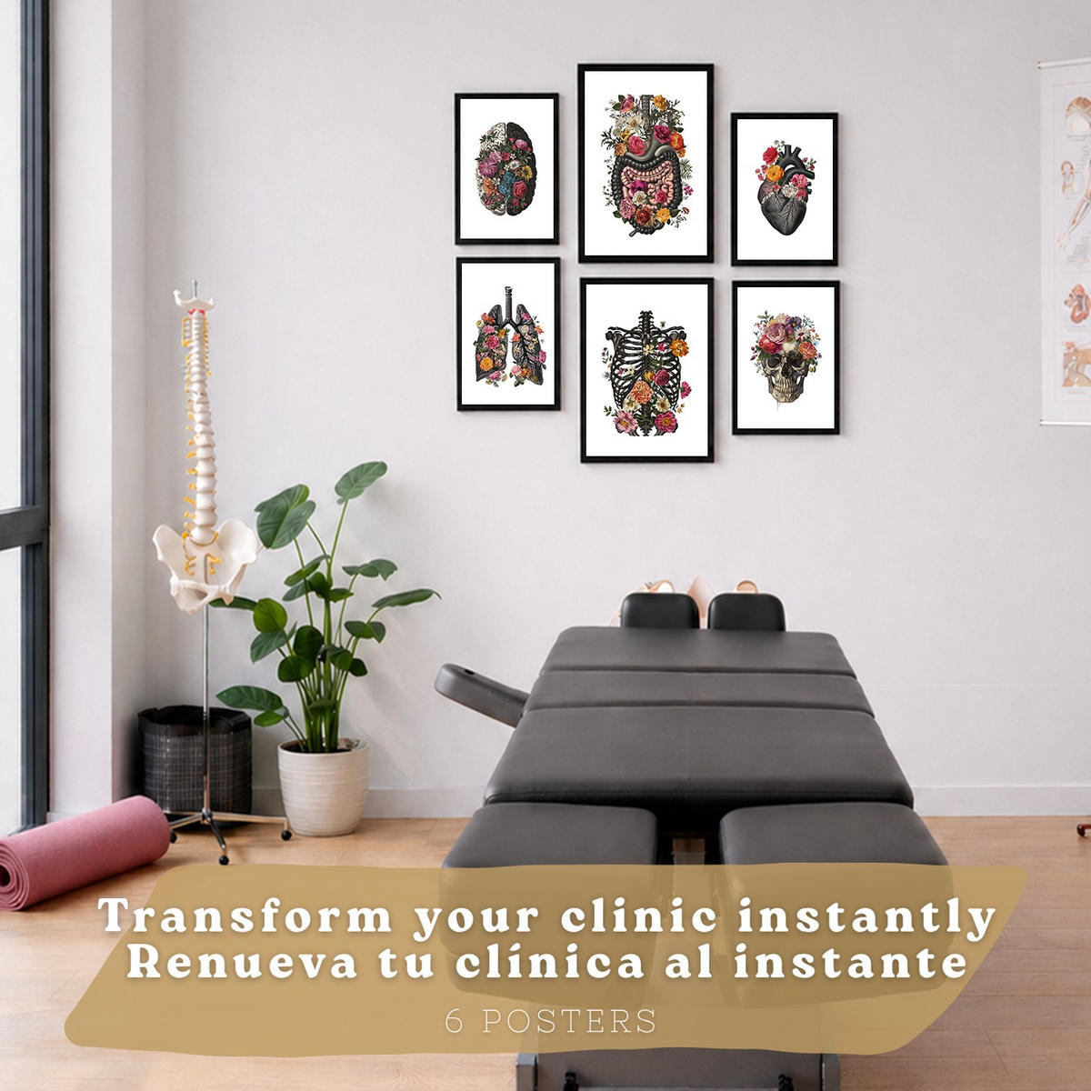 POSTER Set aus 6 Botanische Anatomie Drucke mit Herz Lungen Wirbelsäule Becken und Rippen Beige Terrakotta Erdtöne Florales Schwarzer Rahmen A3 & A4 - Schwarz, Papier (21/29.7/3cm) - Nacnic